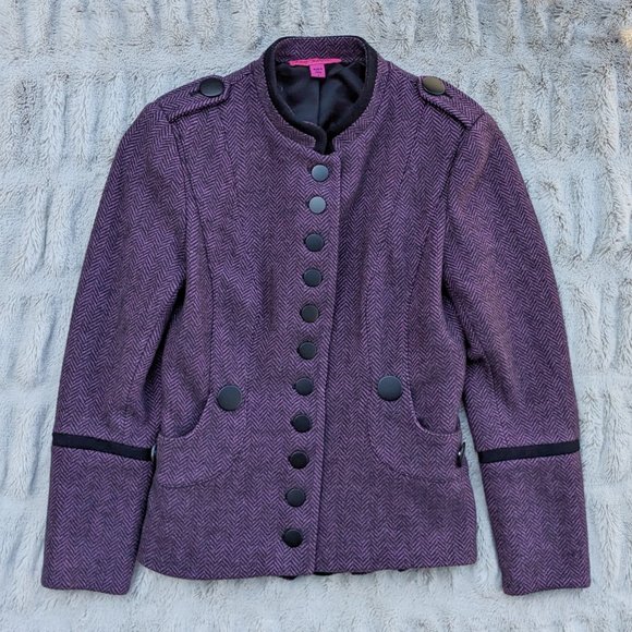 BETSEY JOHNSON Purple & Black Wool Blend Herringbone Tailored Jacket, Size 2 / 4 - Picture 5 of 8